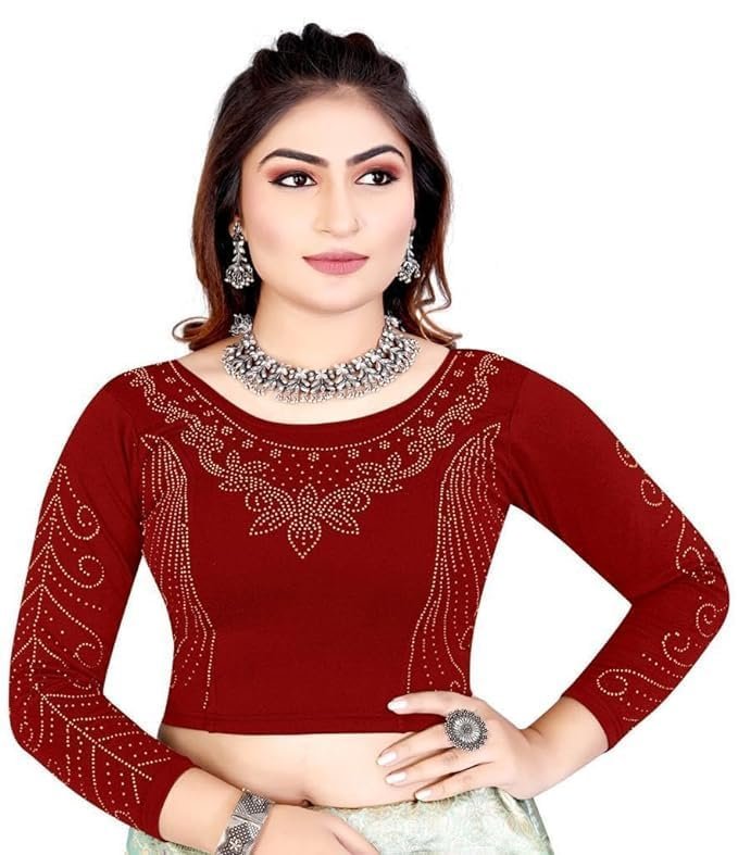 Version 1.0.0 Full Diamond Stylish Readymade Stitched Stretchable Blouses, Readymade Cotton Lycra Round Neck Full Sleeve Blouse for Women - Image 1