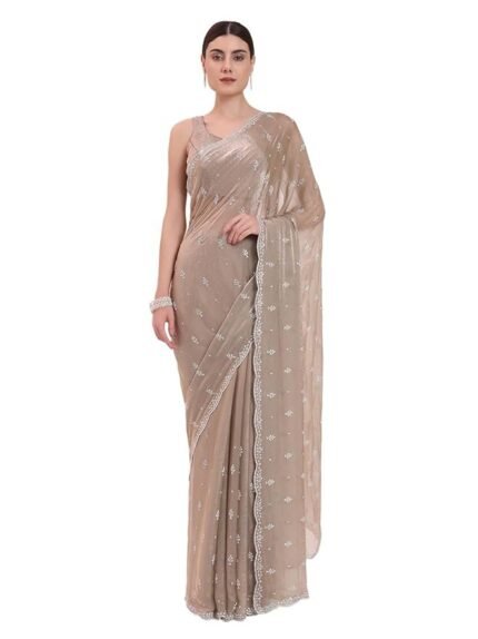 Women's Beige Organza Crushed Siroski Work Embellished Border Saree With Unstitched Blouse