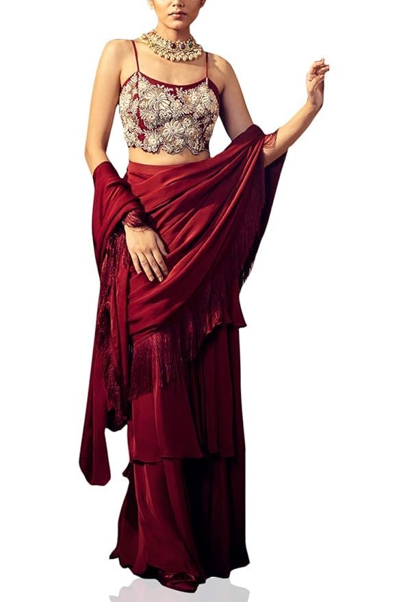 61cYD29+boL._SY879_ Saree Trends Women's Faux Georgette ready to wear Frill saree with unstitched blouse - Image 1