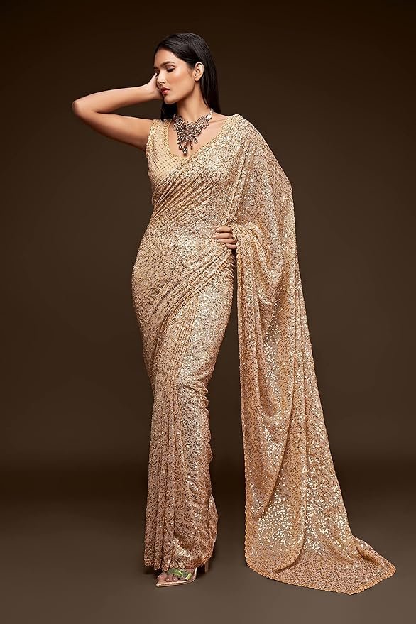 81c8D4ldzwL._SY879_ (1) Women's Sequins Work Heavy Georgette Saree With Unstitched Blouse Peice (Latest-Sequins-Party-Saree, Free, Many Colors) - Image 1