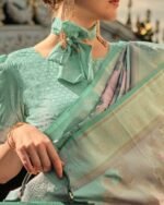 Floral Woven Satin Silk Saree with Tassels - Image 2