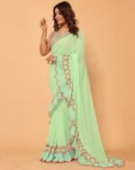 Women Plain Pre-Stitched Ruffled Saree with Unstitched Blouse Piece - Image 2